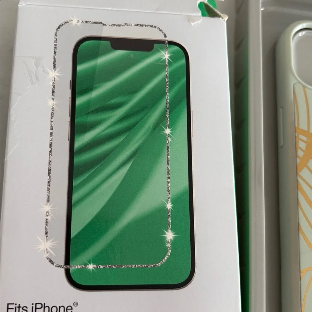 Heyday iPhone 13 phone case sage botanical green gold glitter screen protector